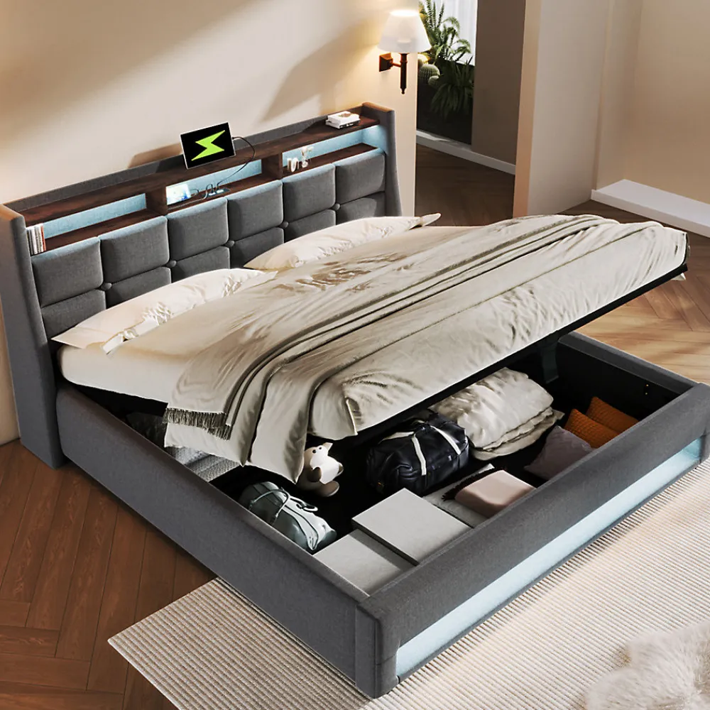 Lit rembourré hydraulique 140x200 cm lit de rangement lit usb lit en métal lit cadre à lattes en bois lit led double lin gris>Gutent Discount