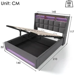 Lit rembourré hydraulique 140x200 cm lit de rangement lit usb lit en métal lit cadre à lattes en bois lit led double lin gris><noscript><img width=