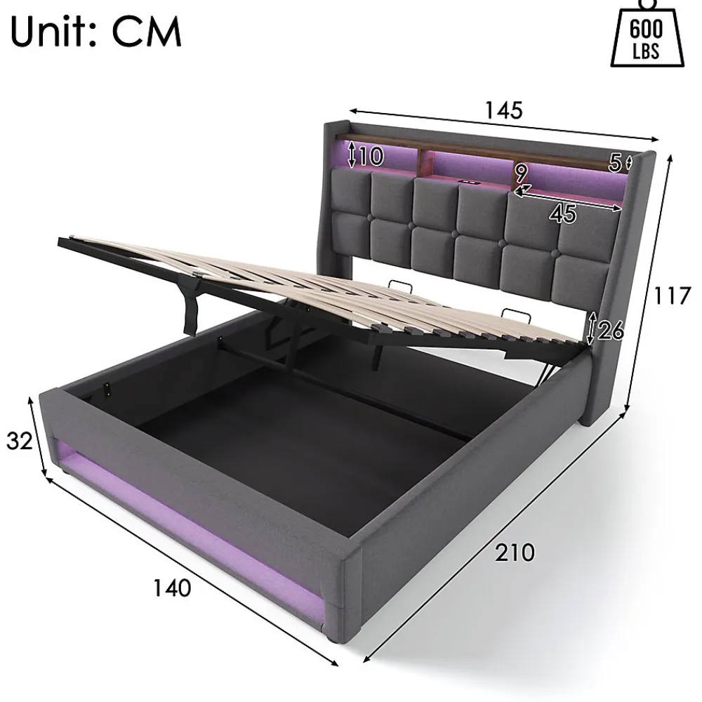 Lit rembourré hydraulique 140x200 cm lit de rangement lit usb lit en métal lit cadre à lattes en bois lit led double lin gris>Gutent Discount