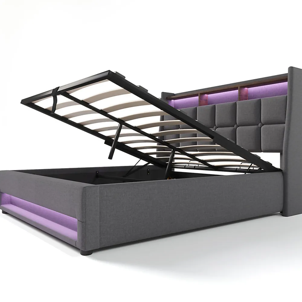 Lit rembourré hydraulique 140x200 cm lit de rangement lit usb lit en métal lit cadre à lattes en bois lit led double lin gris>Gutent Discount