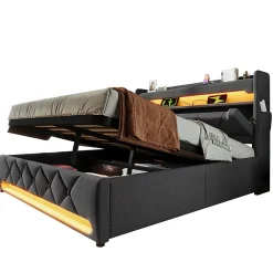 Gutent Lit rembourré hydraulique 160x200cm, lit double, tête de lit de rangement avec port usb et type c, lin, gris, avec matelas* Lit Avec Rangement