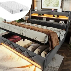 Gutent Lit rembourré hydraulique 160x200cm, lit double, tête de lit de rangement avec port usb et type c, lin, gris, avec matelas* Lit Avec Rangement