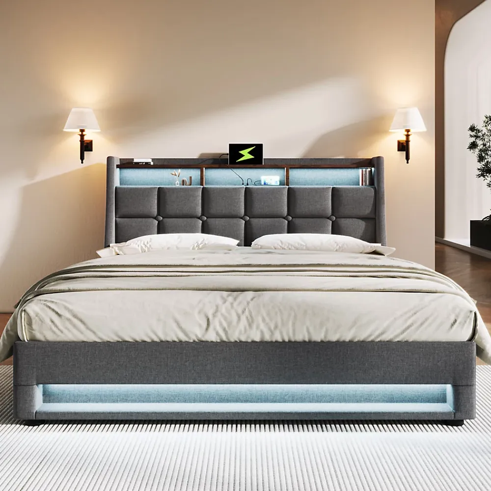 Gutent lit rembourré hydraulique 160x200 cm, lit de rangement LED avec port USB, sommier à lattes et cadre métallique, lin, gris* Lit Avec Rangement