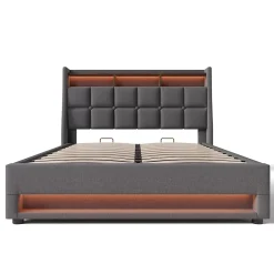 Gutent lit rembourré hydraulique 160x200 cm, lit de rangement LED avec port USB, sommier à lattes et cadre métallique, lin, gris* Lit Avec Rangement