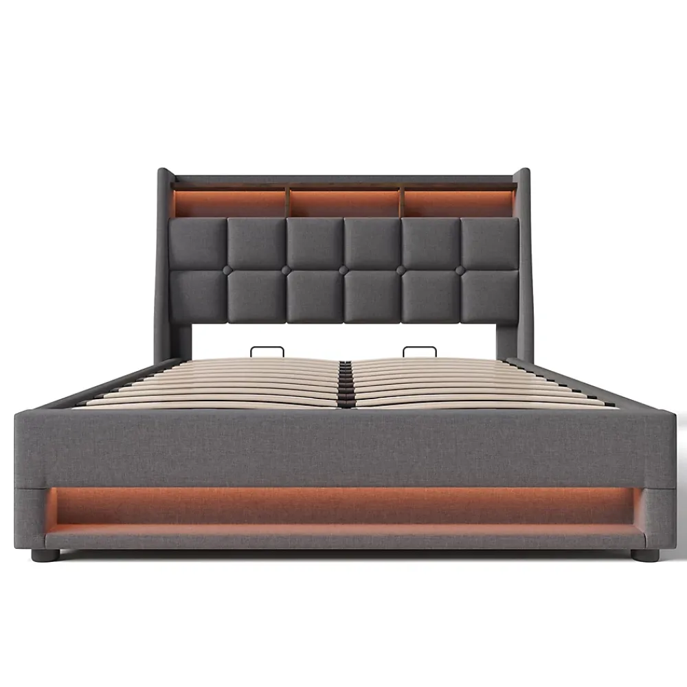 Gutent lit rembourré hydraulique 160x200 cm, lit de rangement LED avec port USB, sommier à lattes et cadre métallique, lin, gris* Lit Avec Rangement