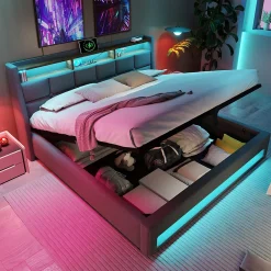 Gutent lit rembourré hydraulique 160x200 cm, lit de rangement LED avec port USB, sommier à lattes et cadre métallique, lin, gris* Lit Avec Rangement
