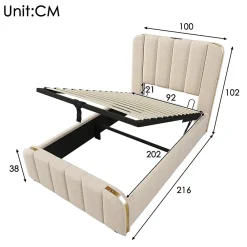 Gutent Lit rembourré hydraulique 90x200cm, lit avec rangement, tête de lit avec fonction de recharge USB Type-C, lin, beige, sans matelas* Lit Avec Rangement