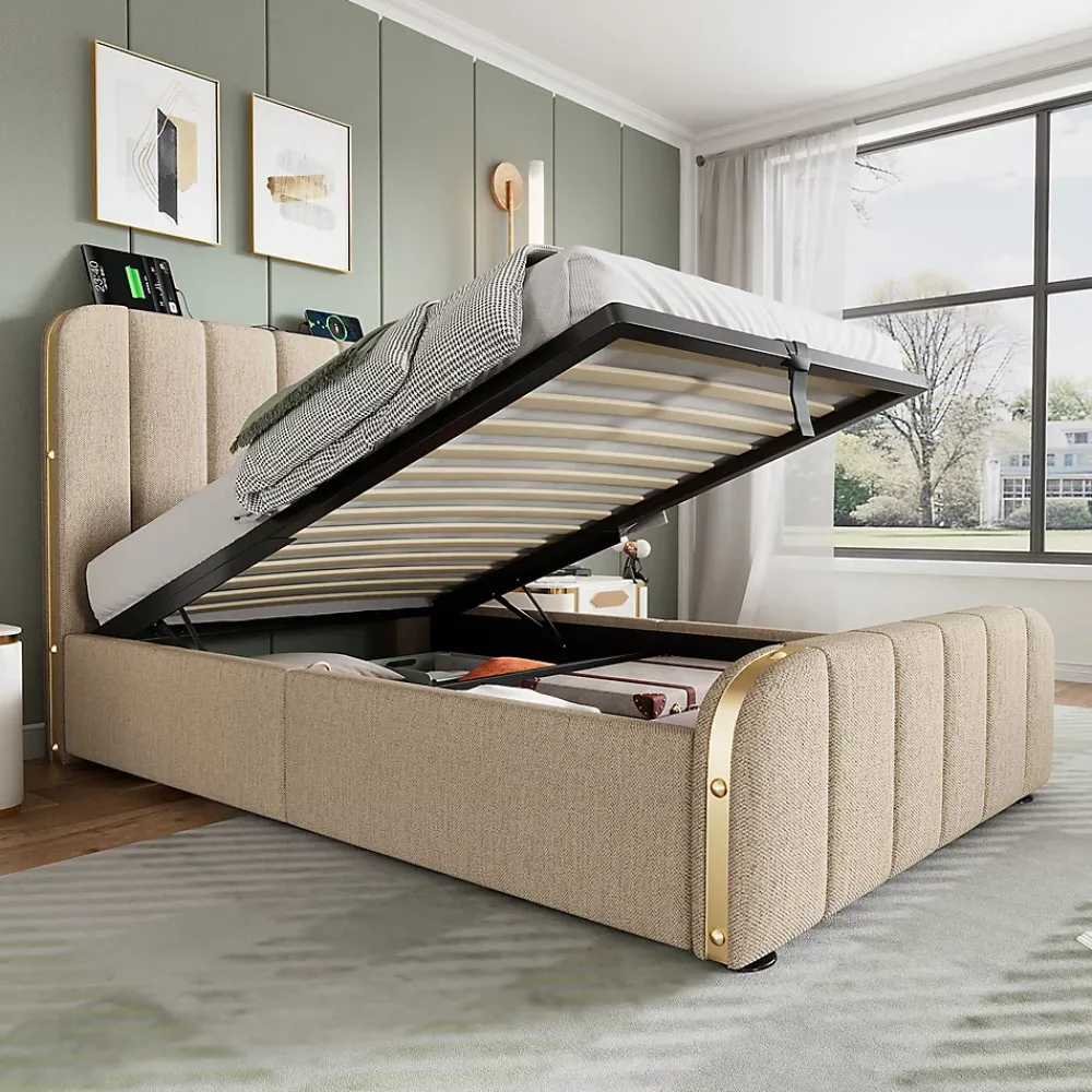 Gutent Lit rembourré hydraulique 90x200cm, lit avec rangement, tête de lit avec fonction de recharge USB Type-C, lin, beige, sans matelas* Lit Avec Rangement