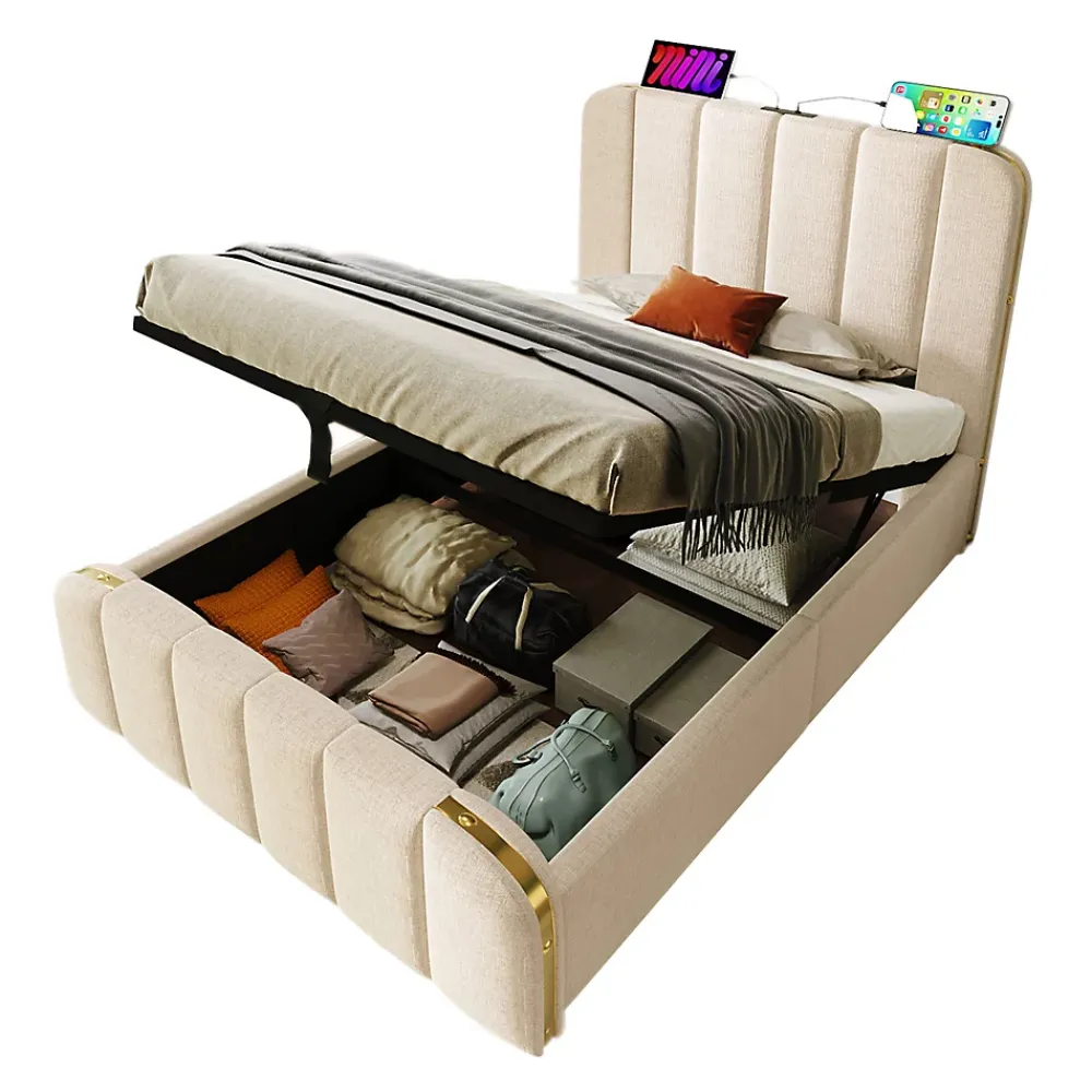 Gutent Lit rembourré hydraulique 90x200cm, lit avec rangement, tête de lit avec fonction de recharge USB Type-C, lin, beige, sans matelas* Lit Avec Rangement