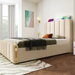 Gutent Lit rembourré hydraulique 90x200cm, lit avec rangement, tête de lit avec fonction de recharge USB Type-C, lin, beige, sans matelas* Lit Avec Rangement