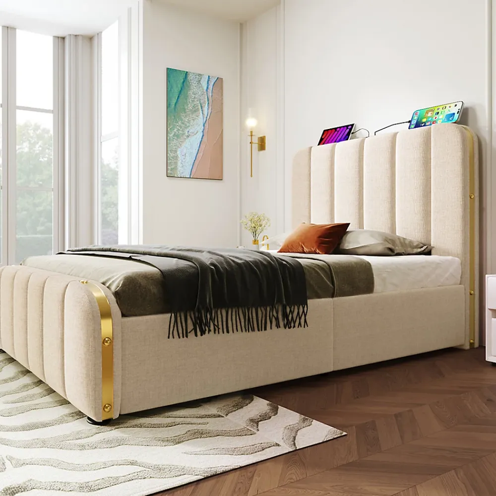 Gutent Lit rembourré hydraulique 90x200cm, lit avec rangement, tête de lit avec fonction de recharge USB Type-C, lin, beige, sans matelas* Lit Avec Rangement