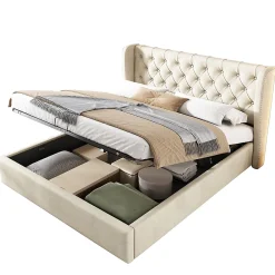Gutent Lit rembourré hydraulique 160x200cm, forme d'oreille, lit de rangement lit double avec sommier à lattes, tissu velours, beige* Lit Avec Rangement