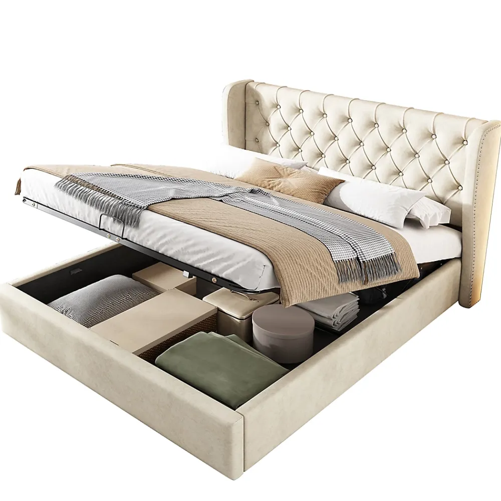 Gutent Lit rembourré hydraulique 160x200cm, forme d'oreille, lit de rangement lit double avec sommier à lattes, tissu velours, beige* Lit Avec Rangement