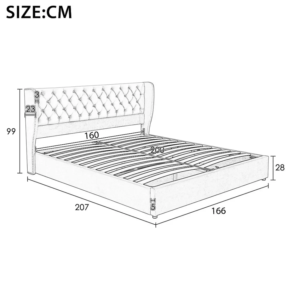 Gutent Lit rembourré hydraulique 160x200cm, forme d'oreille, lit de rangement lit double avec sommier à lattes, tissu velours, beige* Lit Avec Rangement