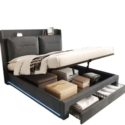 Lit rembourré hydraulique 180x200cm, tiroirs de rangement, avec sommier à lattes, sans matelas, velours, gris foncé>Gutent Online