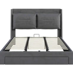 Lit rembourré hydraulique 180x200cm, tiroirs de rangement, avec sommier à lattes, sans matelas, velours, gris foncé><noscript><img width=