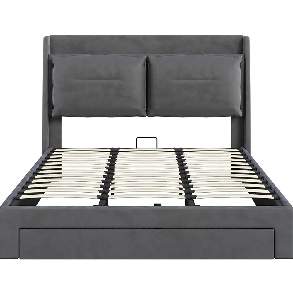Lit rembourré hydraulique 180x200cm, tiroirs de rangement, avec sommier à lattes, sans matelas, velours, gris foncé>Gutent Online