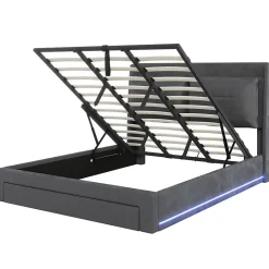 Lit rembourré hydraulique 180x200cm, tiroirs de rangement, avec sommier à lattes, sans matelas, velours, gris foncé><noscript><img width=