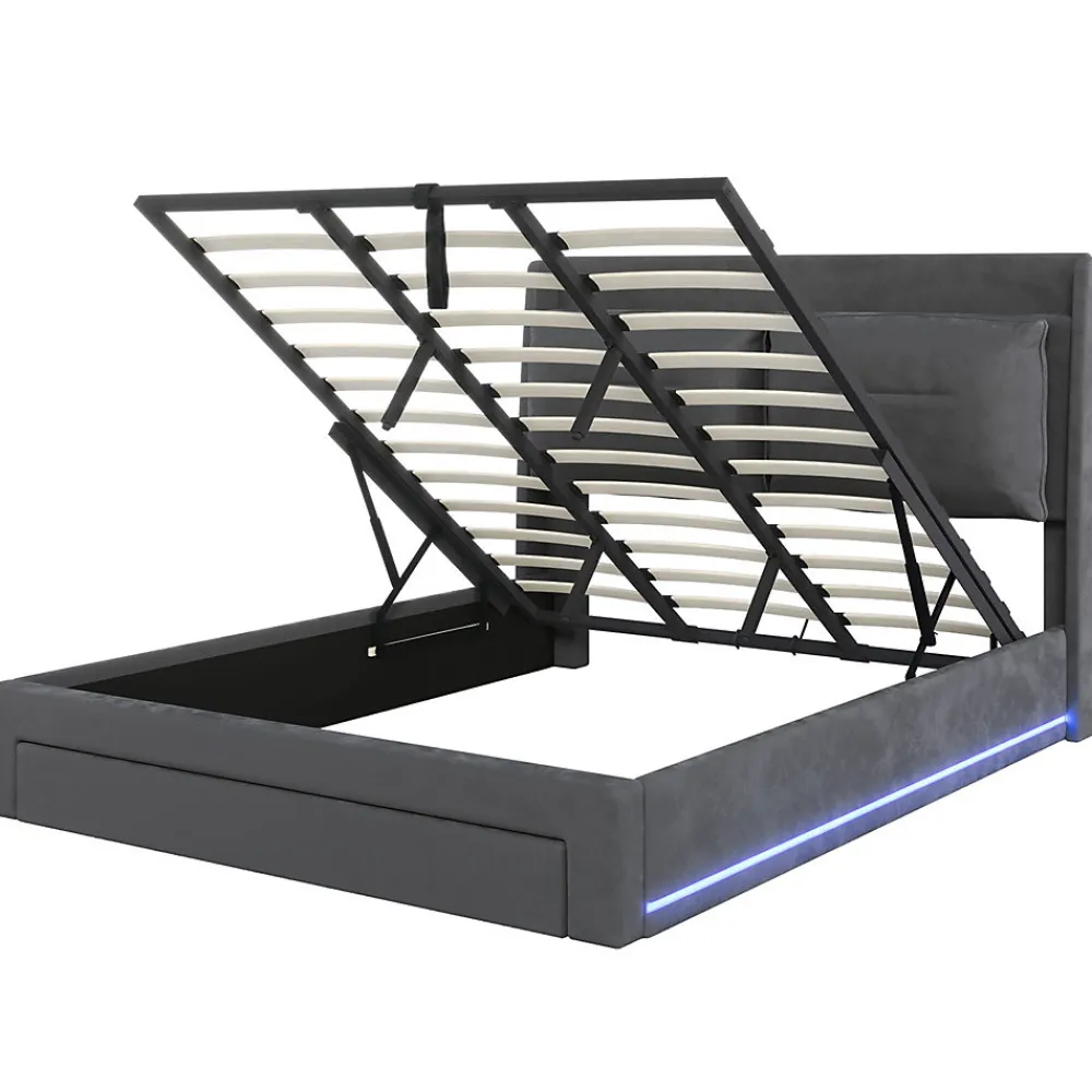 Lit rembourré hydraulique 180x200cm, tiroirs de rangement, avec sommier à lattes, sans matelas, velours, gris foncé>Gutent Online