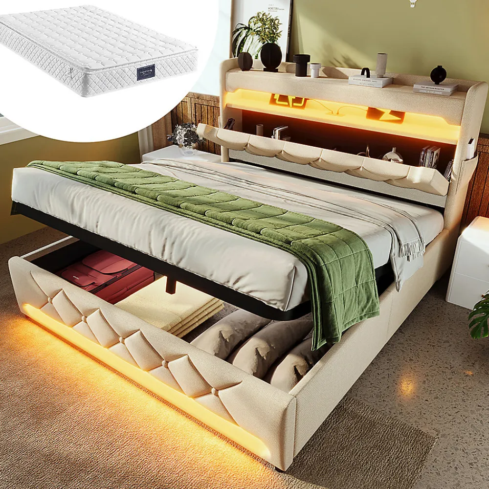 Lit rembourré hydraulique 160x200cm, lit double, tête de lit de rangement avec port usb et type c, lin,beige,avec matelas>Gutent Sale