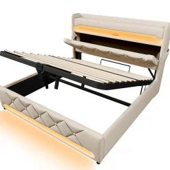 Lit rembourré hydraulique 160x200cm, lit double, tête de lit de rangement avec port usb et type c, lin,beige,avec matelas><noscript><img width=