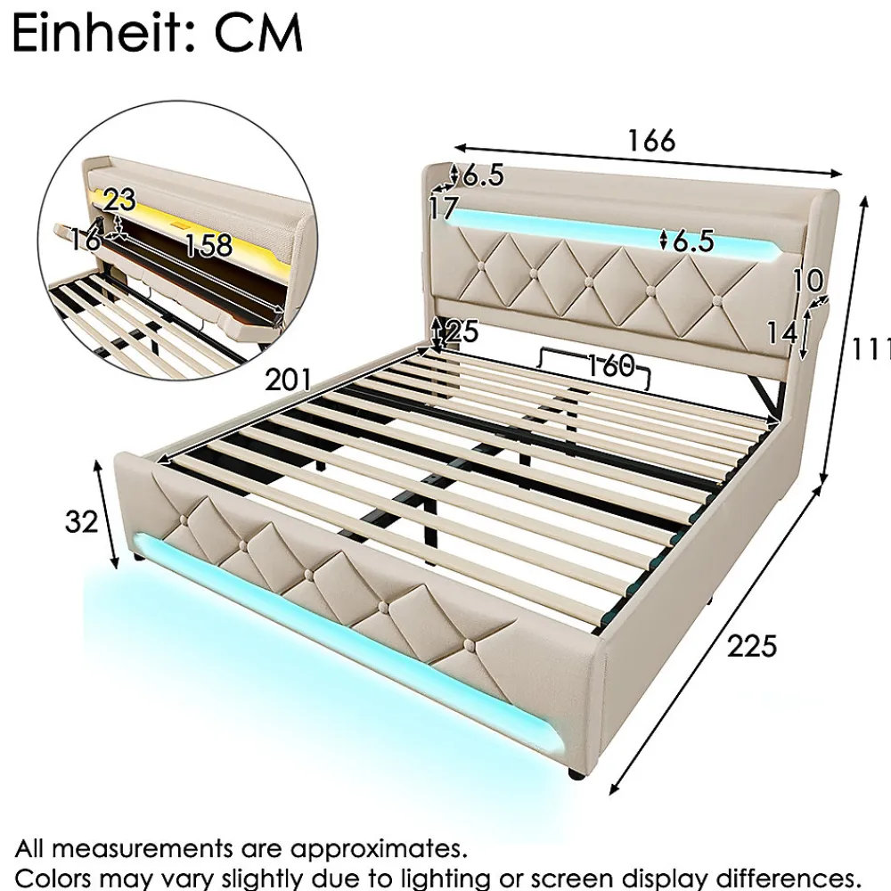 Lit rembourré hydraulique 160x200cm, lit double, tête de lit de rangement avec port usb et type c, lin,beige,avec matelas>Gutent Sale