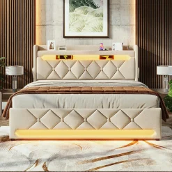 Lit rembourré hydraulique 160x200cm, lit double, tête de lit de rangement avec port usb et type c, lin,beige,avec matelas><noscript><img width=