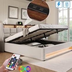 Gutent Lit rembourré hydraulique 160x200 cm lit de rangement lit usb lit en métal lit cadre à lattes en bois lit led double lin beige* Lit Coffre