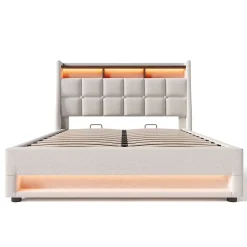 Gutent Lit rembourré hydraulique 160x200 cm lit de rangement lit usb lit en métal lit cadre à lattes en bois lit led double lin beige* Lit Coffre