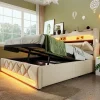Gutent Lit rembourré hydraulique 140x200cm, lit double, espace de rangement en tête de lit avec port usb et type c, lin, beige* Lit Avec Rangement