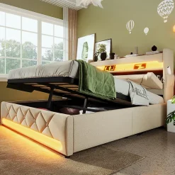 Gutent Lit rembourré hydraulique 140x200cm, lit double, espace de rangement en tête de lit avec port usb et type c, lin, beige* Lit Avec Rangement