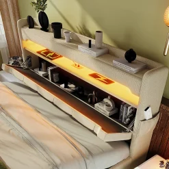 Gutent Lit rembourré hydraulique 140x200cm, lit double, espace de rangement en tête de lit avec port usb et type c, lin, beige* Lit Avec Rangement
