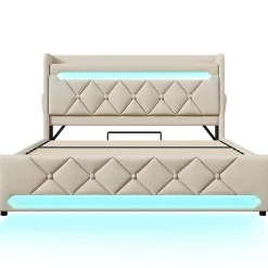 Gutent Lit rembourré hydraulique 140x200cm, lit double, espace de rangement en tête de lit avec port usb et type c, lin, beige* Lit Avec Rangement