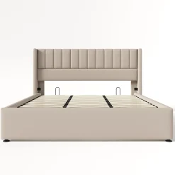 Gutent Lit rembourré hydraulique lit coffre lit 180x200 cm lit de rangement lit en métal lit cadre à lattes en bois lit double lin beige* Lit Avec Rangement