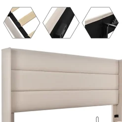 Lit rembourré hydraulique, 140x200cm, lit avec rangement, avec sommier à lattes en bois, structure métallique, lin, beige><noscript><img width=