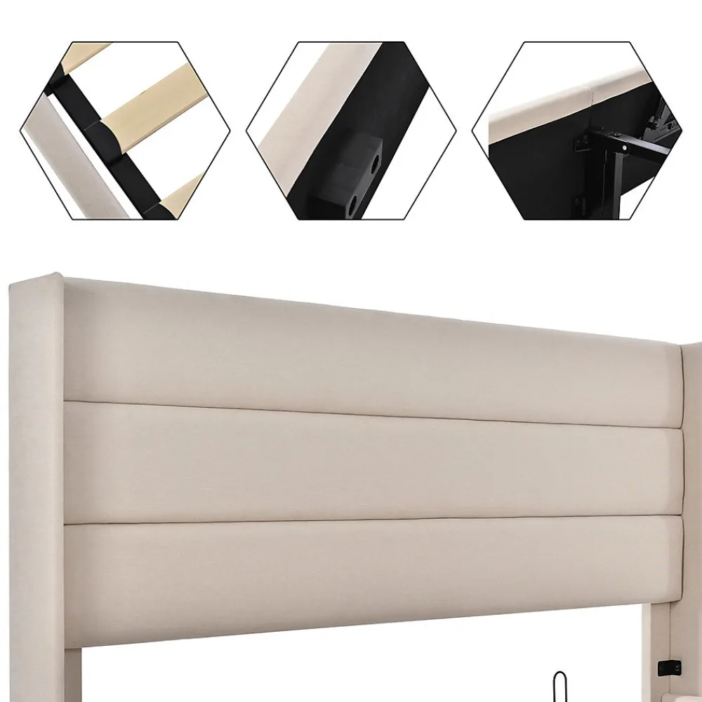 Lit rembourré hydraulique, 140x200cm, lit avec rangement, avec sommier à lattes en bois, structure métallique, lin, beige>Gutent Online