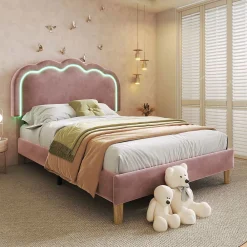 Blackcolors Lit rembourré LED 90 x 200 cm, tête de lit réglable, rose,* Lit Avec Rangement