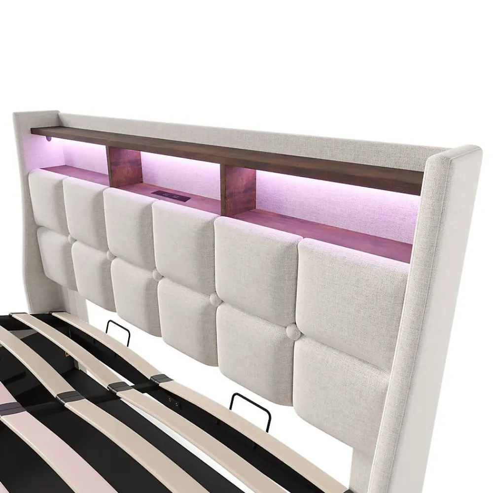 Blackcolors Lit rembourré LED 160 x 200 cm USB en lin* Lit Avec Rangement