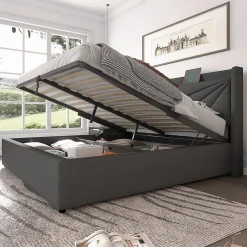 Lit rembourré lit coffre lit 180x200 cm lit de rangement lit tête de lit à fonction de charge usb type c lit double coton lin gris>Gutent Online
