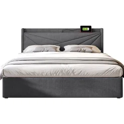 Lit rembourré lit coffre lit 180x200 cm lit de rangement lit tête de lit à fonction de charge usb type c lit double coton lin gris>Gutent Online