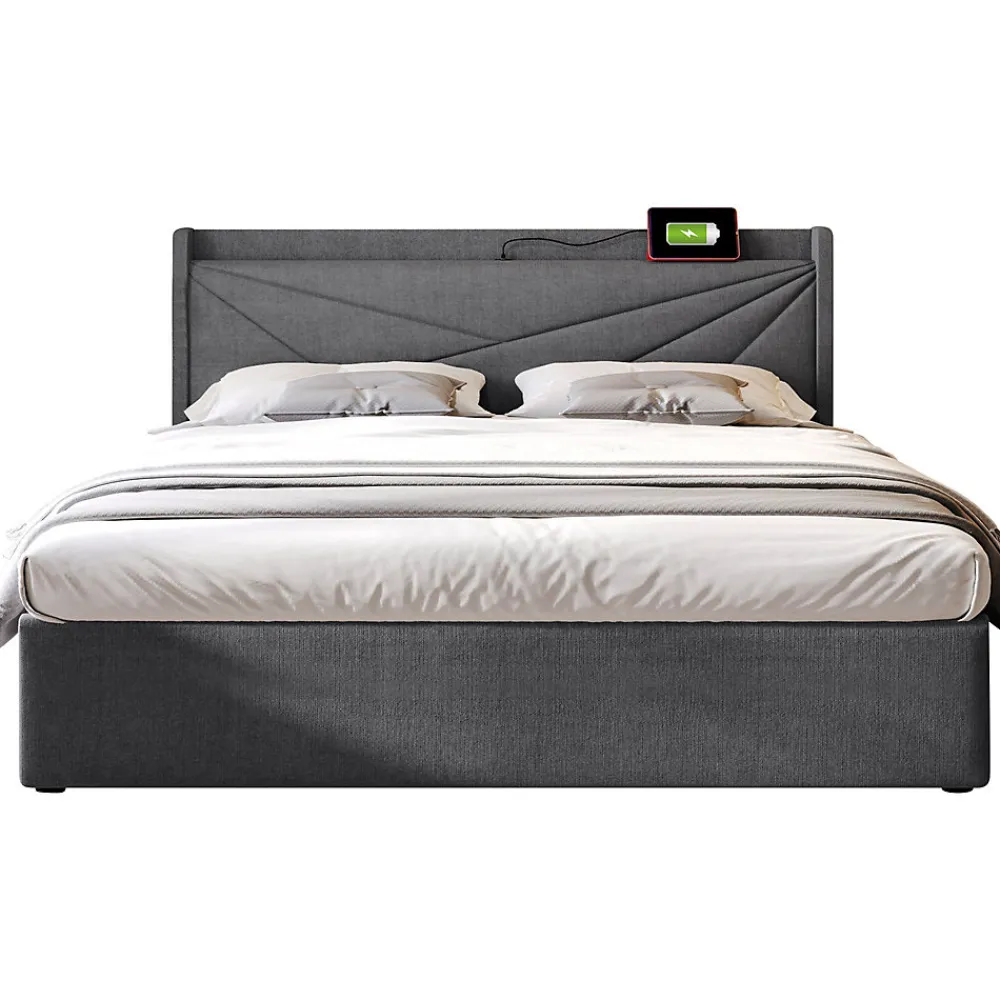 Lit rembourré lit coffre lit 180x200 cm lit de rangement lit tête de lit à fonction de charge usb type c lit double coton lin gris>Gutent Online