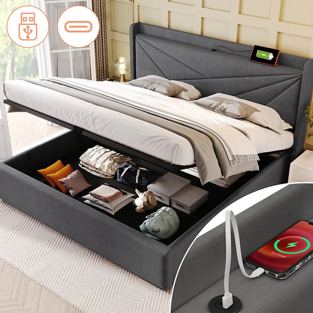 Lit rembourré lit coffre lit 180x200 cm lit de rangement lit tête de lit à fonction de charge usb type c lit double coton lin gris>Gutent Online