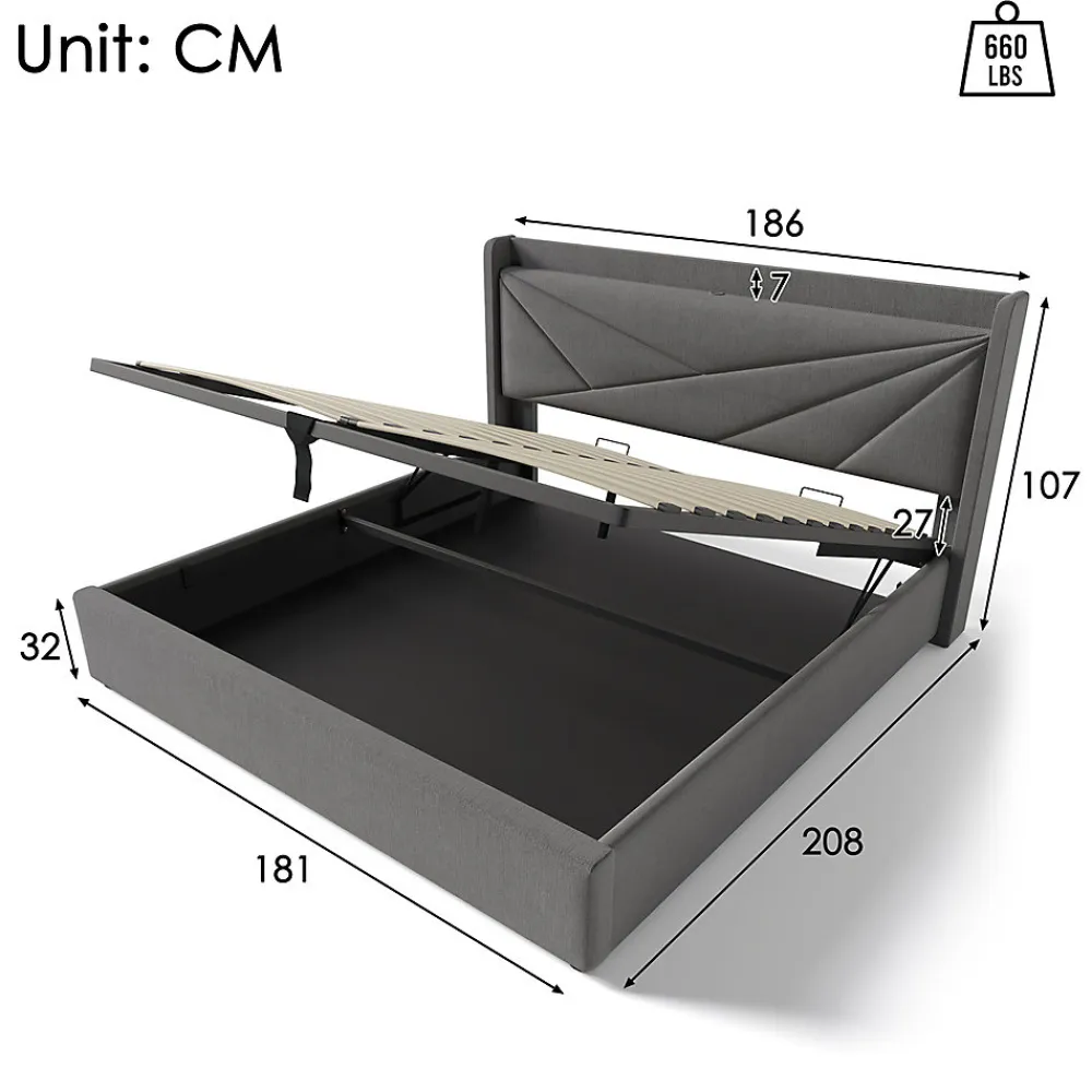 Lit rembourré lit coffre lit 180x200 cm lit de rangement lit tête de lit à fonction de charge usb type c lit double coton lin gris>Gutent Online