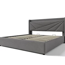 Lit rembourré lit coffre lit 180x200 cm lit de rangement lit tête de lit à fonction de charge usb type c lit double coton lin gris><noscript><img width=