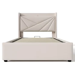 Gutent Lit rembourré lit coffre lit 90x200 cm lit de rangement lit tête de lit à fonction de charge usb type c Single coton lin beige* Lit Avec Rangement