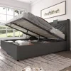 Gutent Lit rembourré lit coffre lit 160x200 cm lit de rangement lit tête de lit à fonction de charge usb type c lit double coton lin gris* Lit Avec Rangement