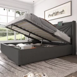 Gutent Lit rembourré lit coffre lit 160x200 cm lit de rangement lit tête de lit à fonction de charge usb type c lit double coton lin gris* Lit Avec Rangement