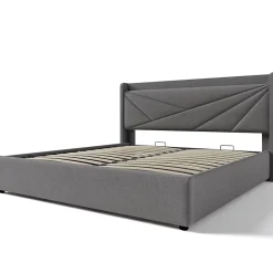 Gutent Lit rembourré lit coffre lit 160x200 cm lit de rangement lit tête de lit à fonction de charge usb type c lit double coton lin gris* Lit Avec Rangement