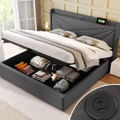Gutent Lit rembourré lit coffre lit 160x200 cm lit de rangement lit tête de lit à fonction de charge usb type c lit double coton lin gris* Lit Avec Rangement