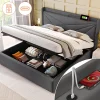 Lit rembourré lit coffre 140x200 cm lit de rangement lit tête de lit à fonction de charge usb type c lit double coton lin gris>Gutent